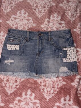 Hollister Y2K Blue Distressed Denim Mini Skirt with Crochet Pockets